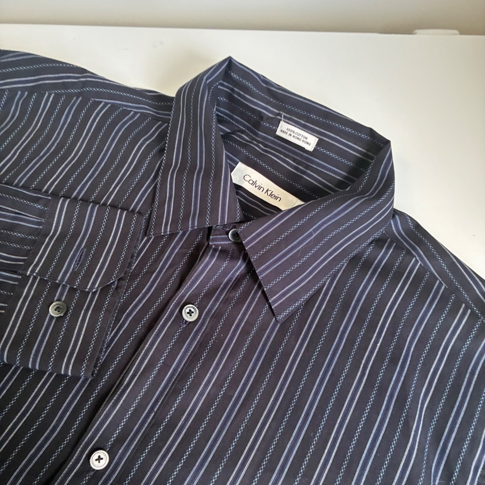 Calvin Klein Mens Medium Black Blue Striped Long Sleeve Button Down Cotton Shirt
